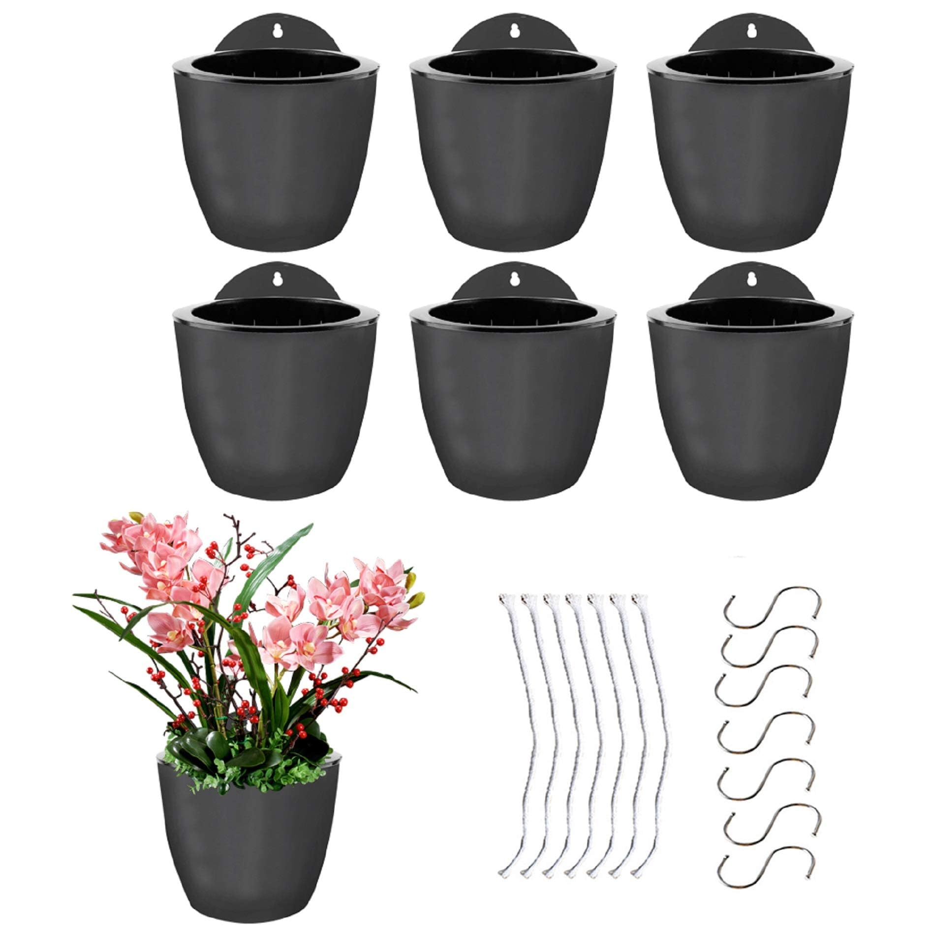 Photo 1 of elfinrm 7Pack Self-Watering Plant Flower Pot Wall Hanging Plastic Planters Size 7 inch with 7 Hooks Replacement for Plants Flowers Indoor Outdoors