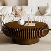 Modern Round Coffee Table Unique Fluted Coffee Tables, Walnut 31.5" | Contemporary Wooden Drum Center Table with Sturdy Base, Small Side Table for Living Room Apartment Office