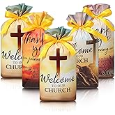 Sweetude 48 Pcs Welcome Church Bags Bulk 5.9 x 9 In Drawstring Plastic Religious Christian Cross Candy Goody Treat Gift Bags for Visitors Guest Baptism Party Favor Supplies