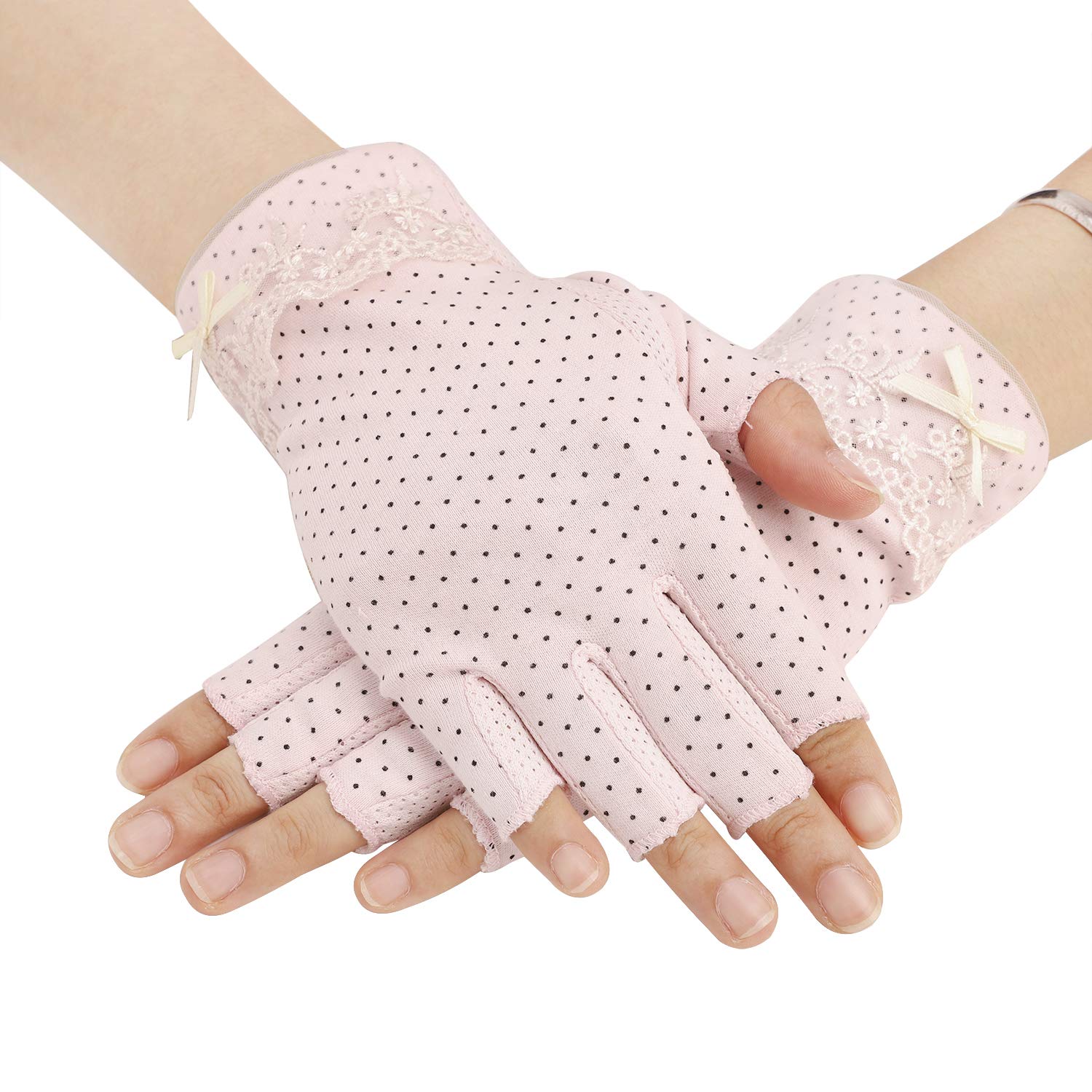 Women Sunscreen UV Protection Fingerless Gloves Nonslip Summer Fishing Driving Gloves Half Finger Wrist Cotton Gloves Fancy Dress Gloves Light Pink