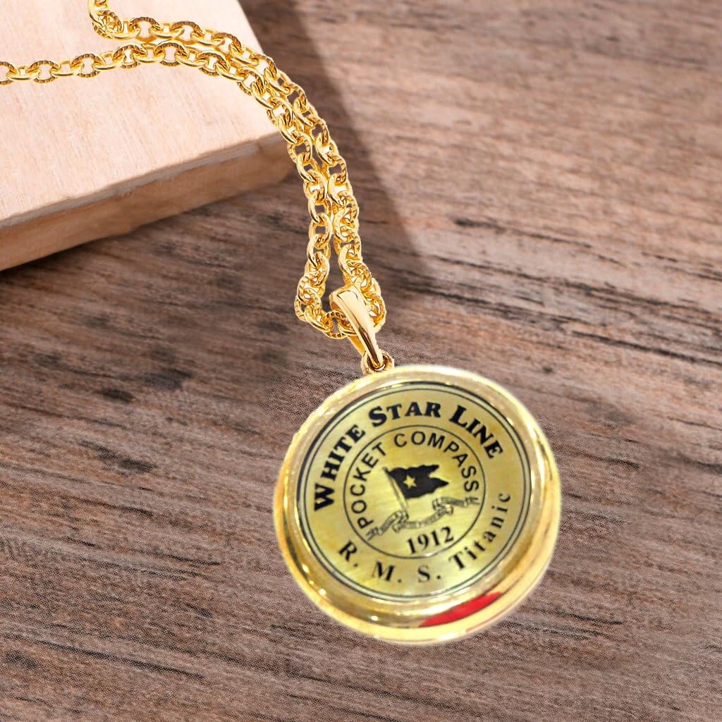 Smizzy Brass Engraved Pocket Compass White Star line RMS Titanic 1912| Nautical Gift Working Model with Chain, 1 Pc, Golden