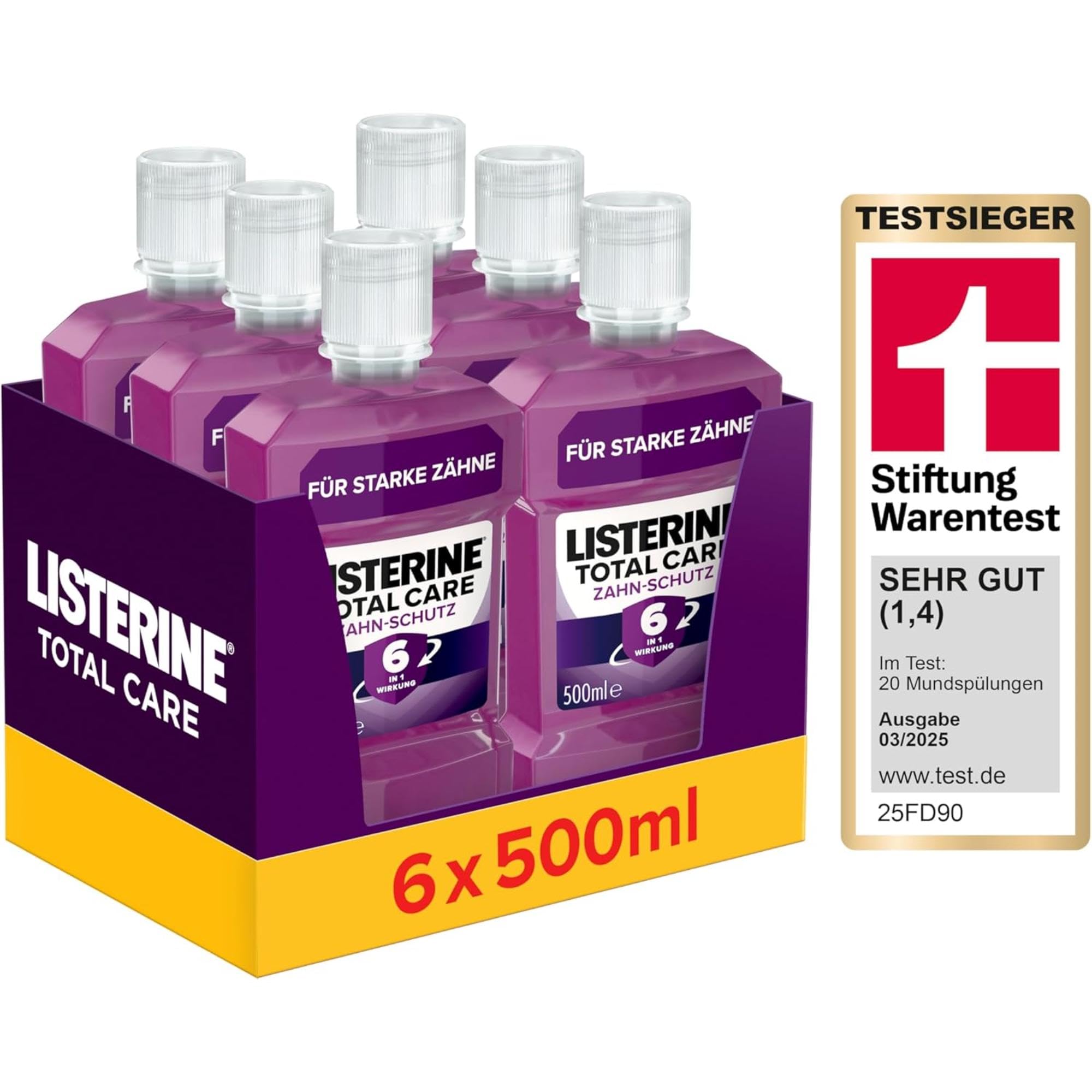 LISTERINE Total Care Zahn-Schutz 6 x 500 ml, schützende Mundspülung gegen Karies mit 6 in 1 Wirkung, antibakterielles Mundwasser schützt vor Zahnfleischproblemen, bis zu 24h frischer Atem