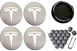 HBXAIDBAO 4PCS Car Wheel Center Hub Cap Kit, Hubcaps Accessories for Tesla Model 3 Model Y,56mm Hubcaps Wheel Rim Cover Tesla Center Hub Caps + Lug Nut Covers (Gray+Silver Logo)