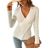 CUPSHE Womens Ribbed Sweaters Surplice Fall Knit Sweater Long Sleeve Wrap Sweater Tops