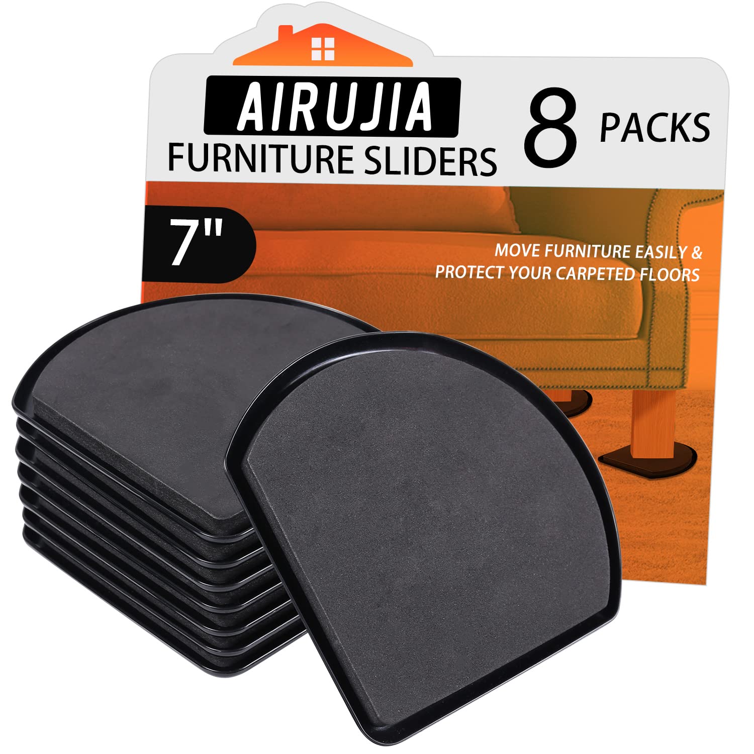 AIRUJIA Furniture Sliders for Carpet, 7 inch Reusable Furniture Mover Pads, Furniture Glides, Easy Moving and Protect Carpet Hardwood Floor, 8 Pieces Black