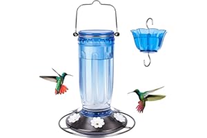 Kingsyard Glass Hummingbird Feeder for Outdoors Wild Bird Feeder with 6 Feeding Ports Hanging for Garden Yard, Blue (Ant Moat Included)
