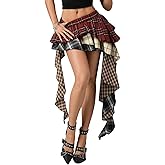 IQLWI Women's Ruffle Plaid Skirt Y2k Mini Layered Asymmetrical Skirts with Shorts Underneath