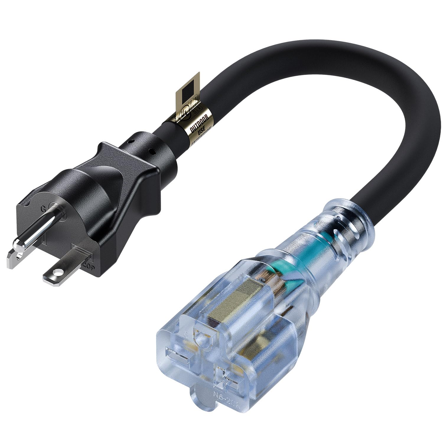 Photo 1 of 1FT Nema 6-20P to 6-15R / 6-20R Extension Cord, 20 Amp 250 Volt 12AWG Nema 6-20 Heavy Duty Extension Cable, Nema 6-20R T-Blade Cord with Red Indicator Light for Air Conditioner, Black