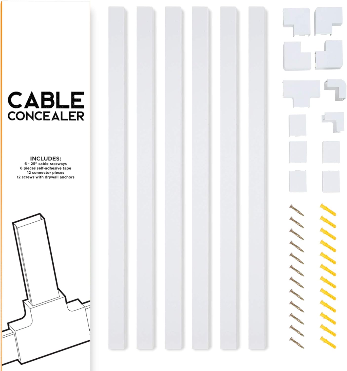Simple Cord Cable Concealer On-Wall Cord Cover Raceway Kit - Cable Management System to Hide Cables, Cords, or Wires - Cord Organizer for Wall Mounted TVs and Computers at Home or in The Office: Electronics