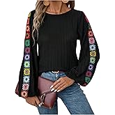 Verdusa Women's Colorful Floral Crewneck Lantern Long Sleeve Ribbed Knit T Shirts Going Out Tops