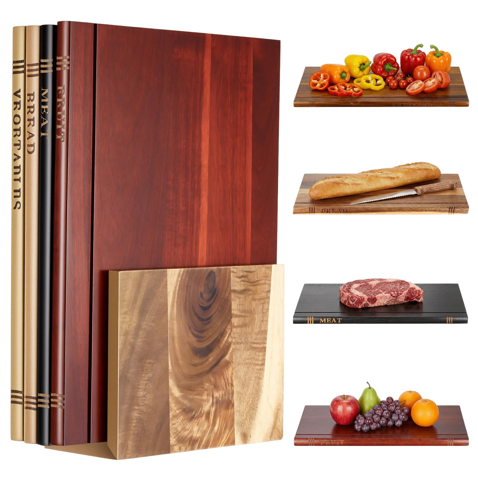 Photo 1 of Acellegic 4 Pcs Acacia Wood Book Cutting Boards Set with Wooden Bookend Holder Book Shaped Solid Wood Cutting Board for Kitchen Fruits Vegetables Meat Fish Cheese Bread(Standard)