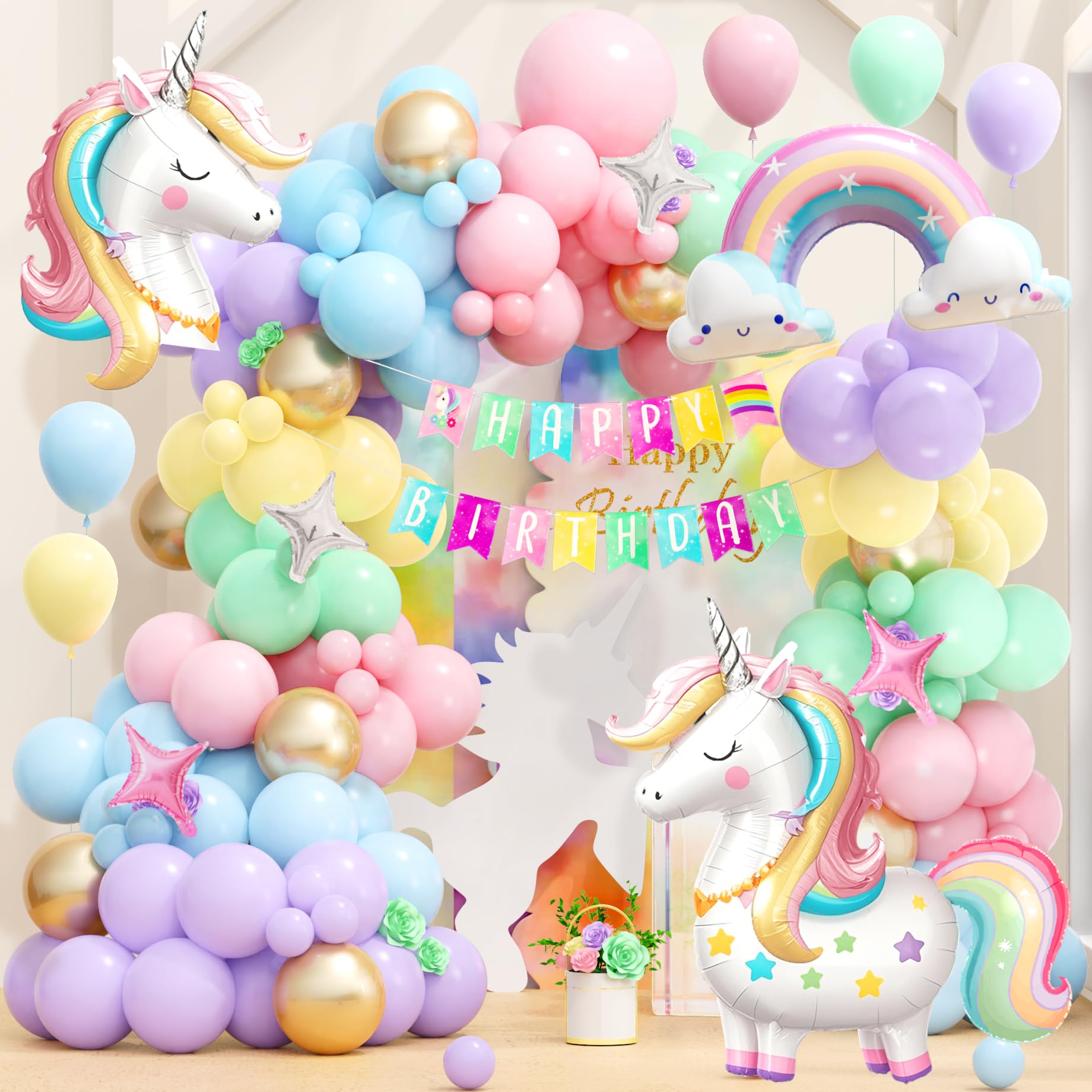 Photo 1 of SNLN Unicorn Birthday Decorations for Girls Pastel Balloon Arch Kit Huge 3D Unicorns Balloons Banner Rainbow Star Foil Balloon Unicorn Party Decorations for Girl Kid Birthday Party Decor Supplies