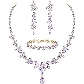 EVER FAITH Austrian Crystal Bridal Bridesmaid Jewelry Sets, Elegant Marquise Rhinestone Leaf Necklace Dangle Earrings Tennis Bracelet Set for Women