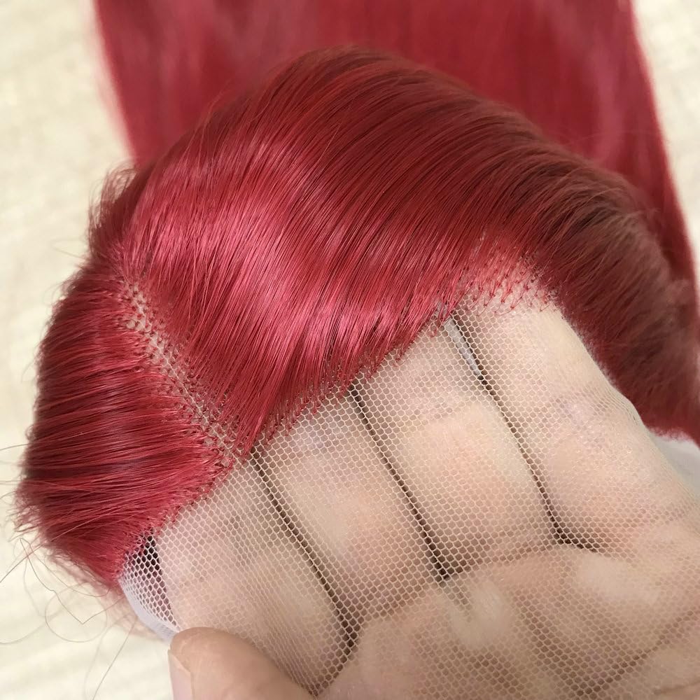 13x3" Half Hand Tied Long Straight Hot Red Wig Synthetic Lace Front Wigs for Women Ladies Makeup Christmas Red Wigs Heat Safe Mermaid Drag Queen Wig 24Inches