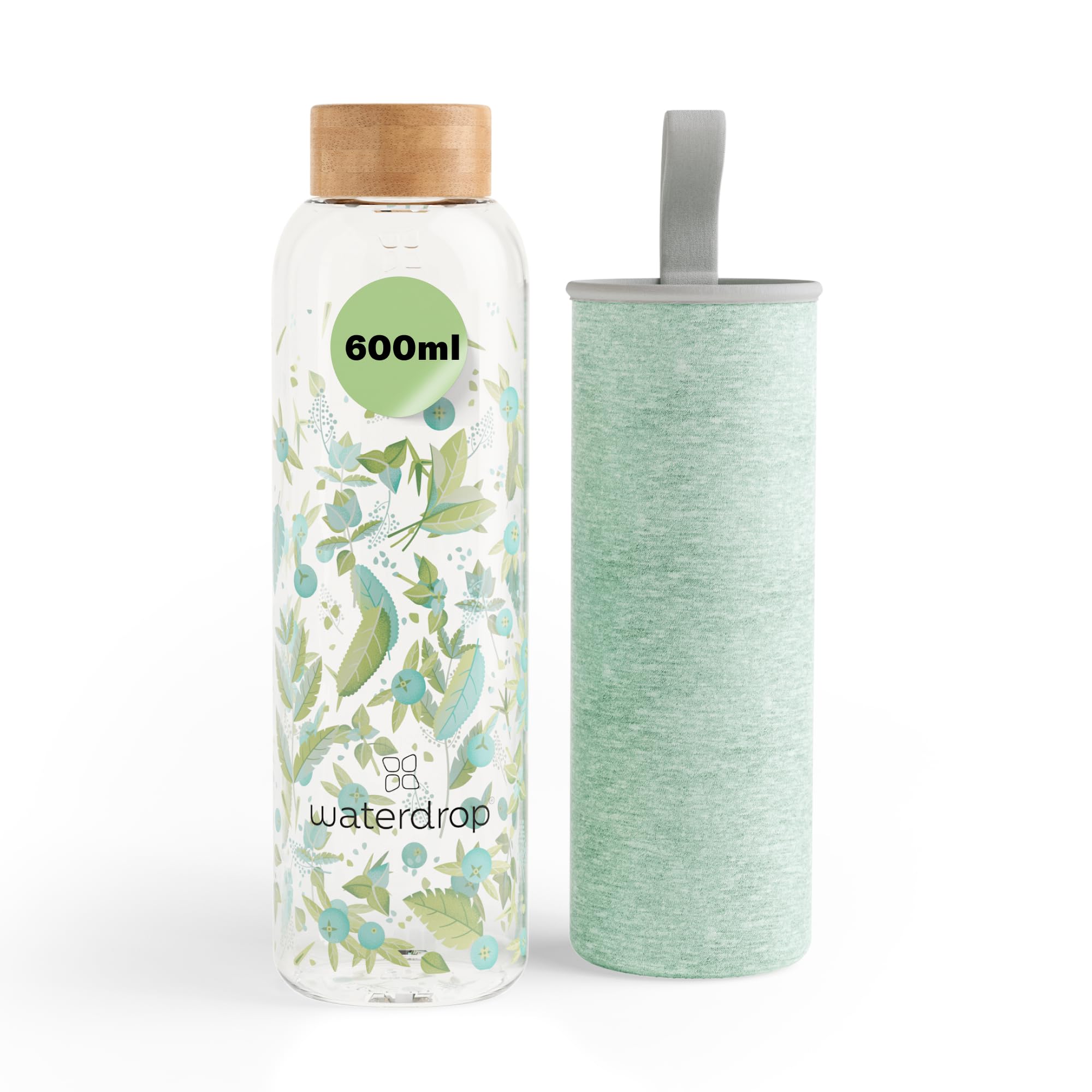 waterdrop® Glass Water Bottle 600ml – Water Flask with Bamboo Lid & Sleeve, Reusable Borosilicate Glass Flask, Leakproof, Ideal for Travel, Office, Gym, Home, BPA-free