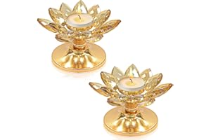 KEHAIL Crystal Lotus Flower Tea Light Holder, Glass Lotus Tealight Candlestick with Gold Metal Base, Votive Candle Stand for Table Centerpiece, Wedding/Parties Decor, Nice Gift (2, Gold)