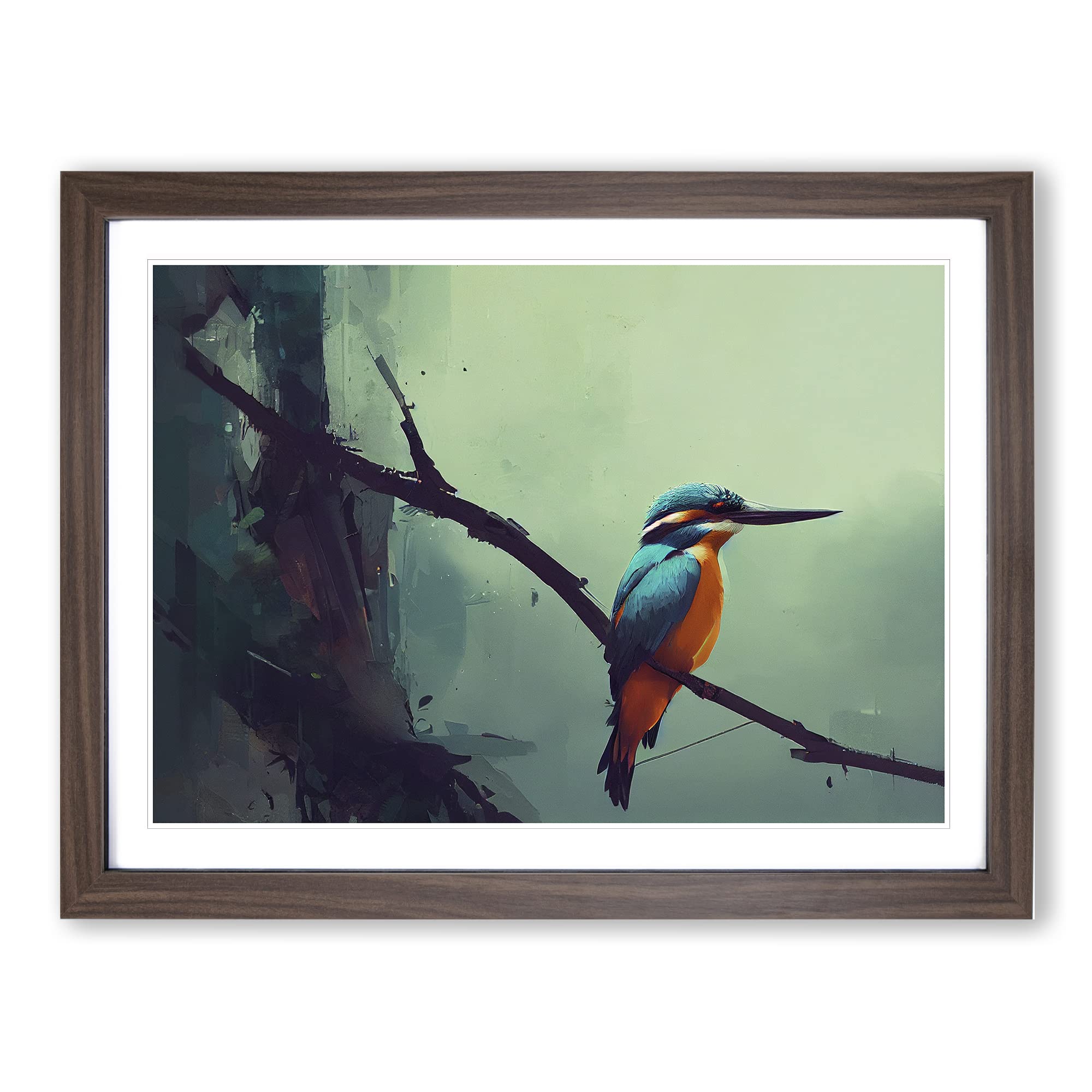 Kingfisher Bird Art Painting Vol.4 Framed Print | A4 Walnut Framed Wall Art | Ready to Hang | Modern Historical Picture | Living Room Bedroom Lounge Office