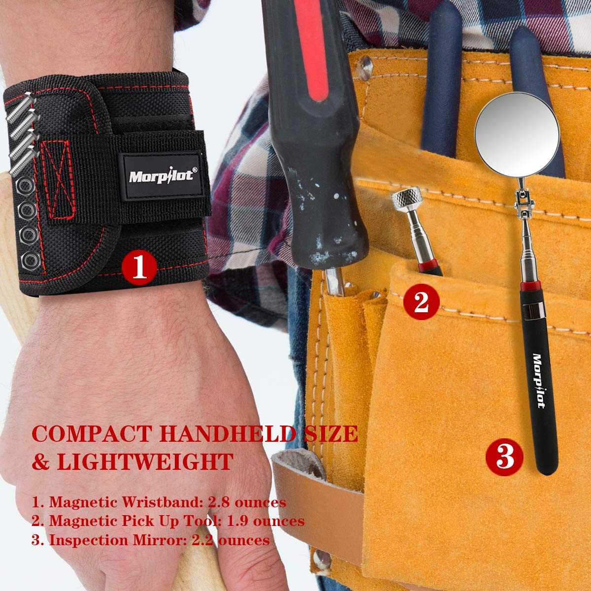 Magnetic Wristbands, Morpilot Magnetic Tool, Incl. Magnetic Pick Up Tool, Inspection Mirror and Magnetic Wristband, Hold, Search, Pick up Screws, Nails, Gift for Men