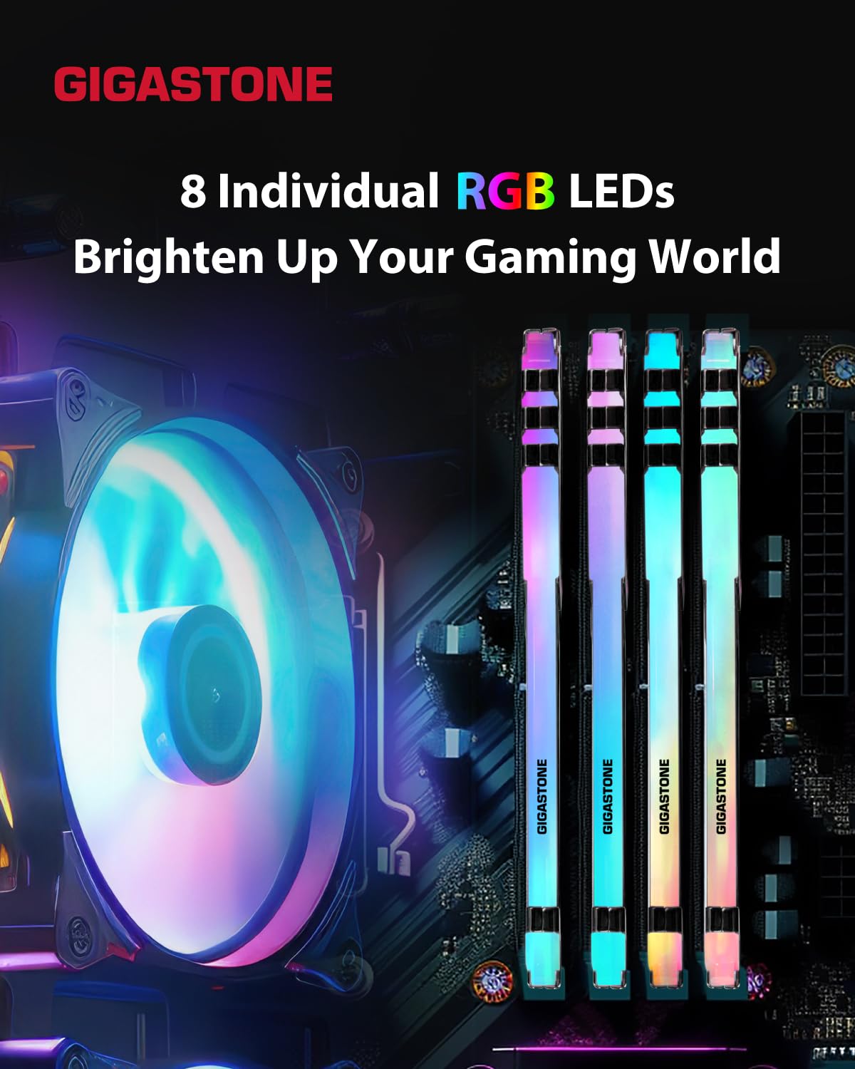 【RGB DDR4 RAM】GIGASTONE Game TURBO 32GB Kit (2x16GB)DDR4 3200MHz PC4-25600 CL16-18-18-40 Intel XMP 2.0 AMD Ryzen 1.35V UDIMM 288 Pin Unbuffered Non ECC High Performance Gaming Desktop Memory - Black