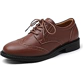 QJN Platform Oxfords for Women Wingtip Shoes Saddle Black Oxford Shoes for Women Vintage Formal Business Dress Leather Flats