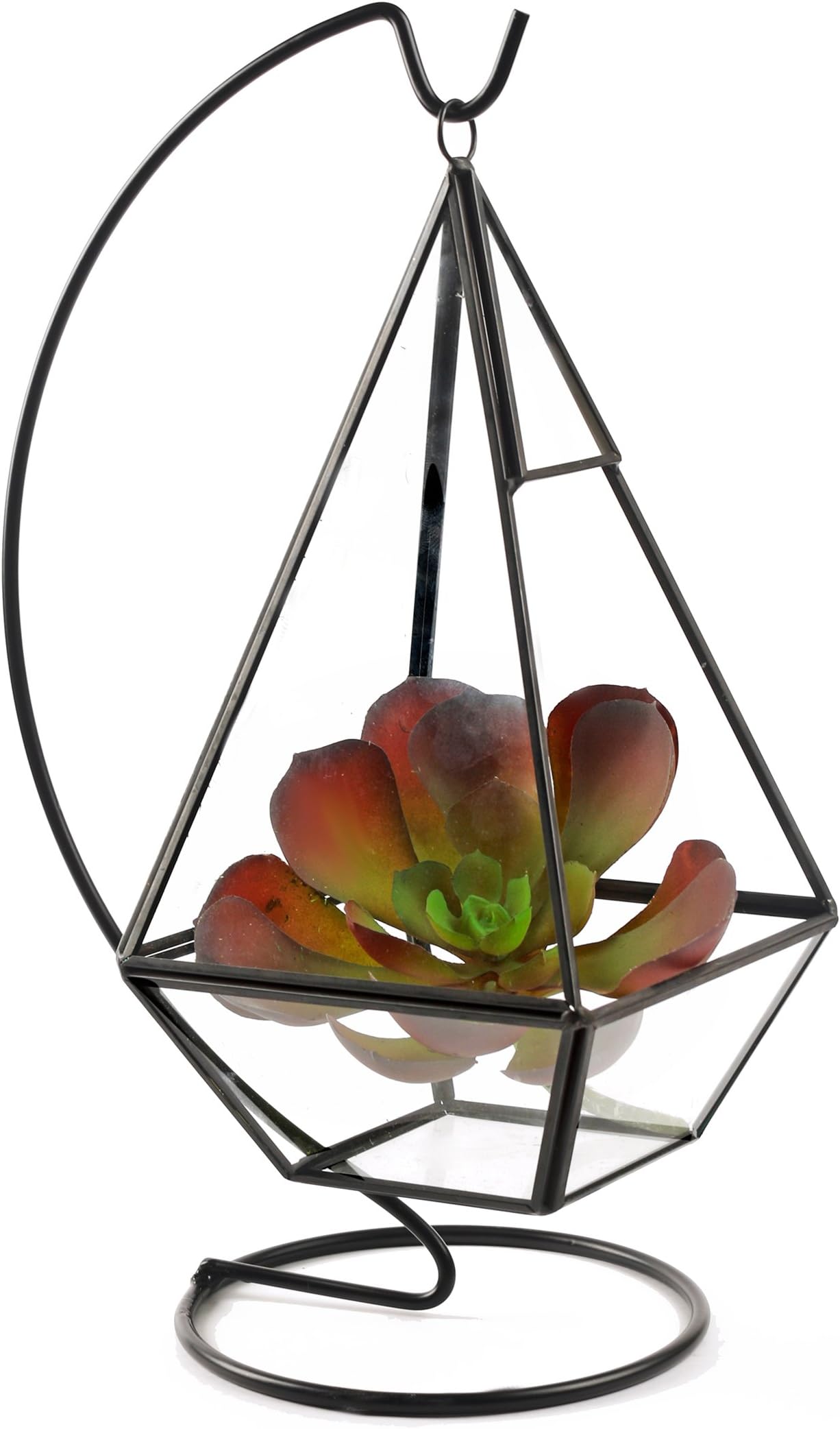 Circleware Terraria Glass-Plant Terrarium Metal Frame-Stand, Home Decor Flower Balcony Display Box and Garden Gifts, 4.72” x 9.45”, Triangle-Black-4.7x9.4