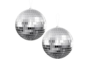 Youdepot Disco Ball 4" Inch 2-Pack,Silver Hanging Ball with Attached String for Ring,Reflects Light,Fun Party Home Bands Deco