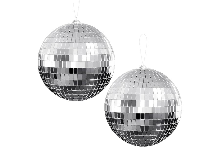 Youdepot Disco Ball 4" Inch 2-Pack,Silver Hanging Ball with Attached String for Ring,Reflects Light,Fun Party Home Bands Decorations,Party Favor.