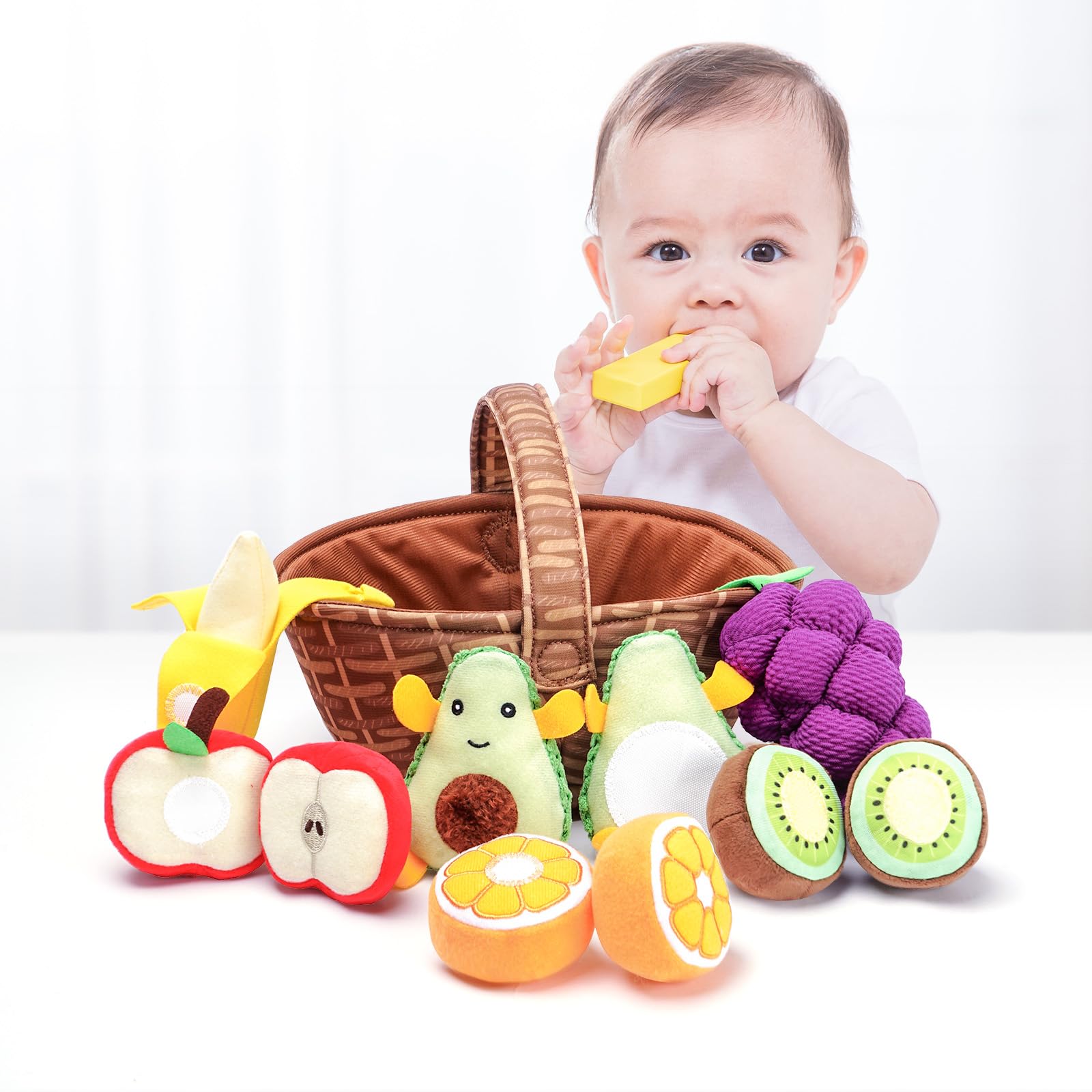 Jollybaby Sensory Soft Play Food Toy Set for Baby 0-6-9-12 Months, Plush Stuffed Fruit Basket Tummy Time Toys Autism Sensory Equipment，Montessori Early Development Activity Toys Gift for Boys Girls