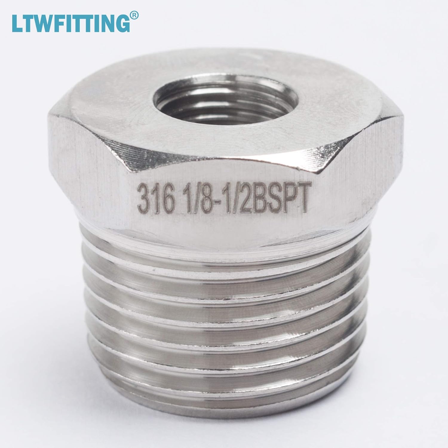 LTWFITTING Stainless Steel 316 Pipe Hex Bushing Reducer Fittings 1/2-Inch Male BSPT x 1/8-Inch Female BSPP (Pack of 5) - Image 5