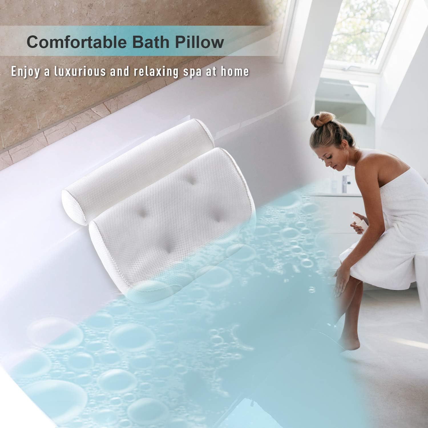 Bath Pillow Bathtub Pillow - Bath Pillows for Tub with Neck, Head, Shoulder and Back Support - 3D Air Mesh Spa Bath Pillow, Non-Slip, Extra Thick, Soft and Quick Dry Spa Pillow for Bathtub: Health & Personal Care