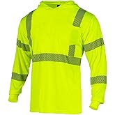 FONIRRA Hi Vis Shirts for Men Reflective Safety T-Shirt with Hood High Visibility Construction Work Long Sleeve