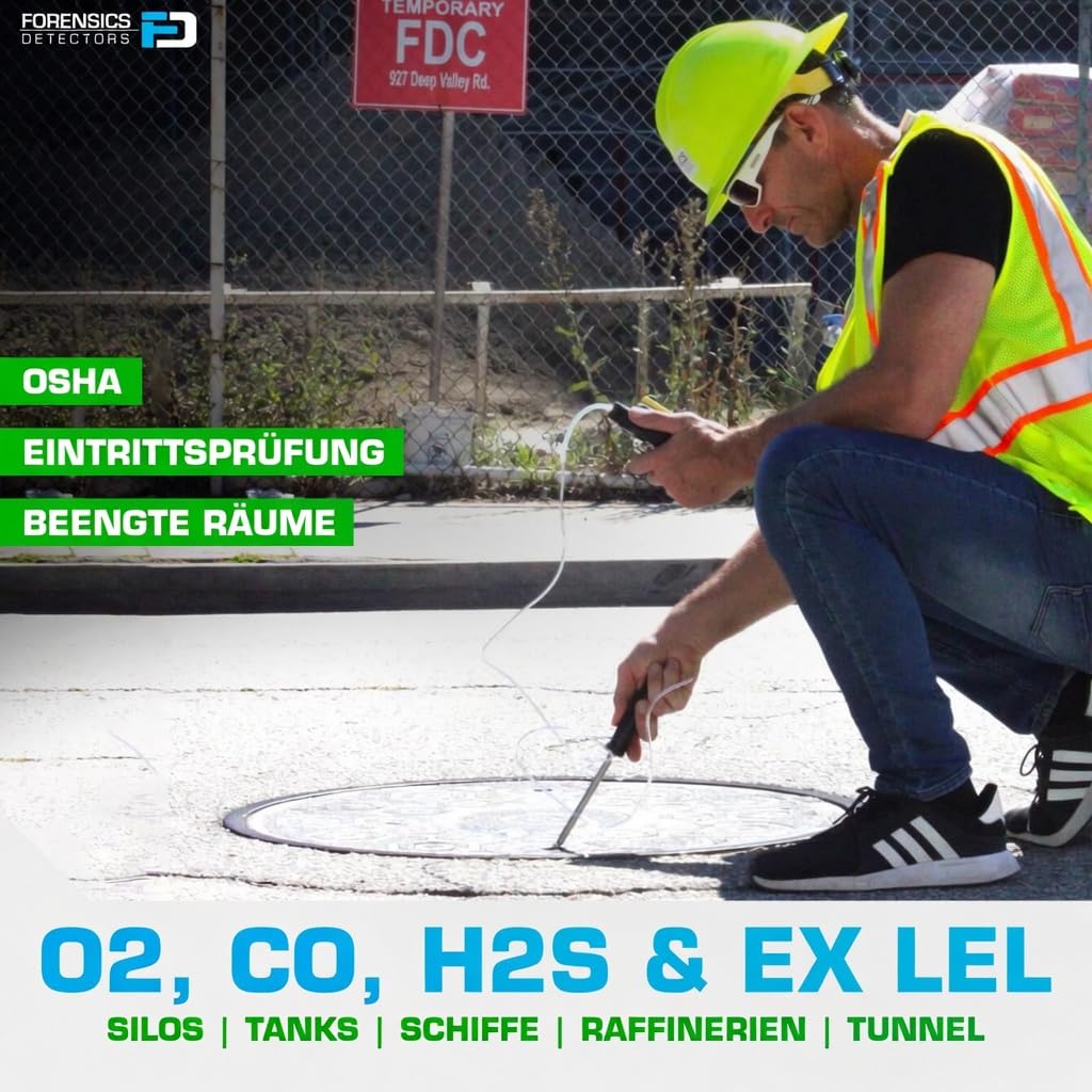 4-Gas-Messgerät mit Pumpe und Sonde | EU-Kalibrierzertifikat | Integrierte Pumpe und 4-Fuß-Sonde | Sauerstoff (O2), Kohlenmonoxid (CO), Schwefelwasserstoff (H2S), EX%UEG 4