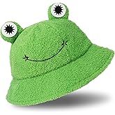 Whaline Plush Frog Hat Cute Winter Green Packable Bucket Hat Keep Warm Funny Animal Fisherman Cap for Christmas Adults Women Men Outdoor Indoor Activities