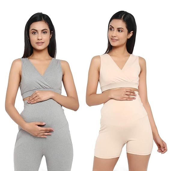 Women's Crossover Maternity & Nursing Bra - (Skin & Grey, Medium)