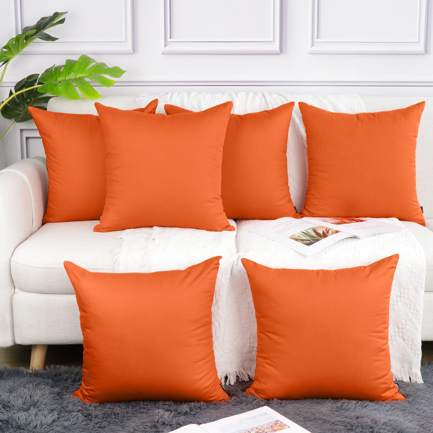 Coddsmz 6 Pack Decorative 100% Cotton Pillow Covers Square Cushion Cover Solid DIY Throw Pillowcase for Home Bed Sofa Halloween Christmas,Orange,6 Pack-18" x 18"/45x45cm