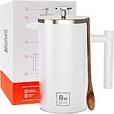 Barista Warrior French Press Coffee Maker Stainless Steel with Built-In Thermometer - Insulated Double Wall Design, Dual Filter System, Stay-Cool Handle & Wood Spoon - White