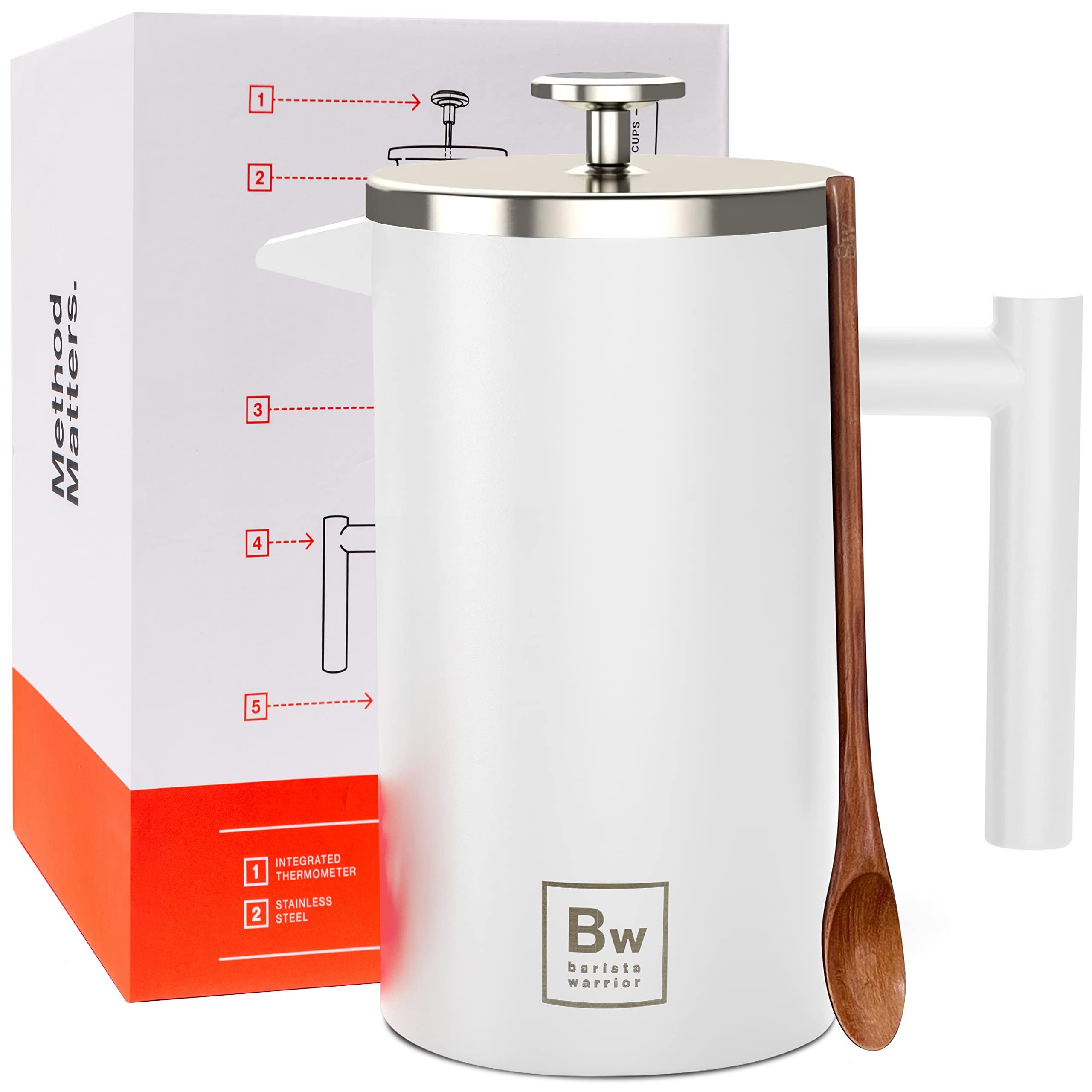 Photo 1 of Barista Warrior French Press with Thermometer - Insulated Coffee Press - Stainless Steel Coffee Maker (1.0L | 34 fl oz) (White)