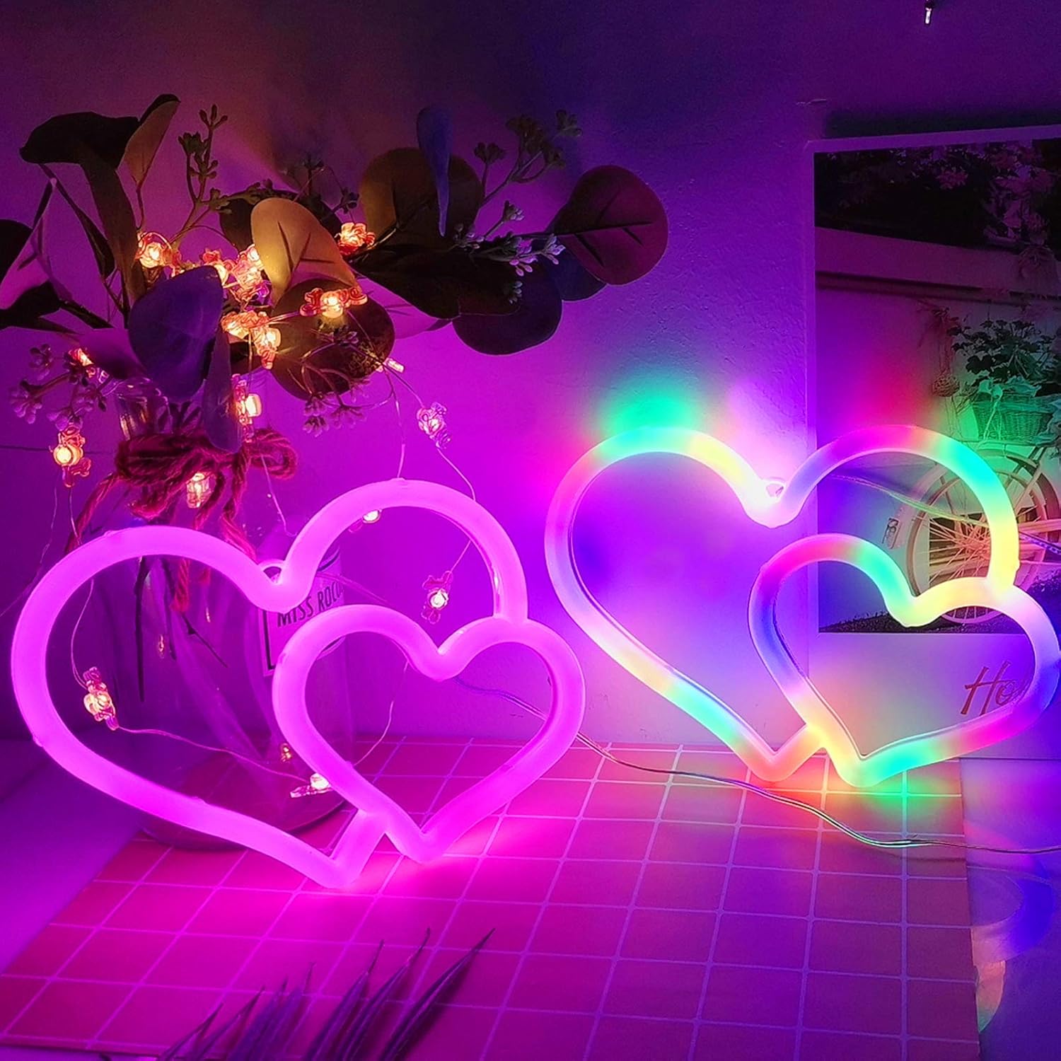 2 Packs Heart LED Neon Signs- Pink and Colorful Heart Shaped Neon Wall Art Decoration Lights with Hanging Hook Holes USB or Batteries Powered for Party Supplies Wedding Birthday Holiday Home Decors