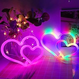 2 Packs Heart LED Neon Signs- Pink and Colorful Heart Shaped Neon Wall Art Decoration Lights with Hanging Hook Holes USB or Batteries Powered for Party Supplies Wedding Birthday Holiday Home Decors