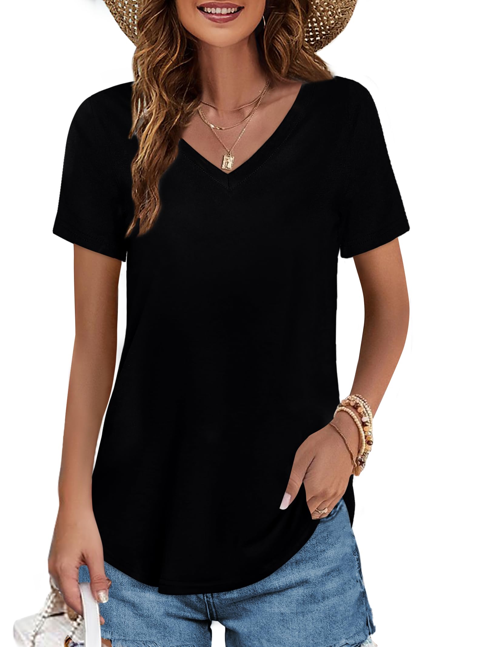 Elesomo Womens Summer Tops V Neck Short Sleeve Cotton Tshirts Curved ...