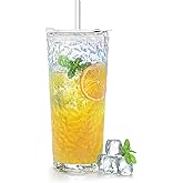 Puraville 18oz Glass Cup with Lid and Straw, Vintage Glacier Pattern Thickened Glassware for Whiskey Cocktail Beer, Mason Jar Drinking Glasses Tumbler Iced Coffee Cup, Rainbow