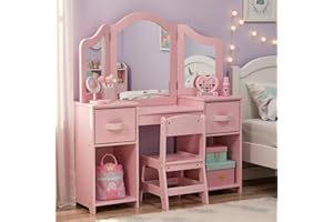 Arlopu Kids Vanity Set, 2 in 1 Toddler Makeup Dressing Table and Chair Set w/Detachable Tri-fold Mirror, Open Shelves, Princess Wooden Pretend Play Desk Furniture Toy for Little Girl (Pink)