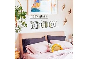 MAXROCK Moon Phase Wall Mirror, Real Glass, Bohemian Decor, Non-Toxic Basswood