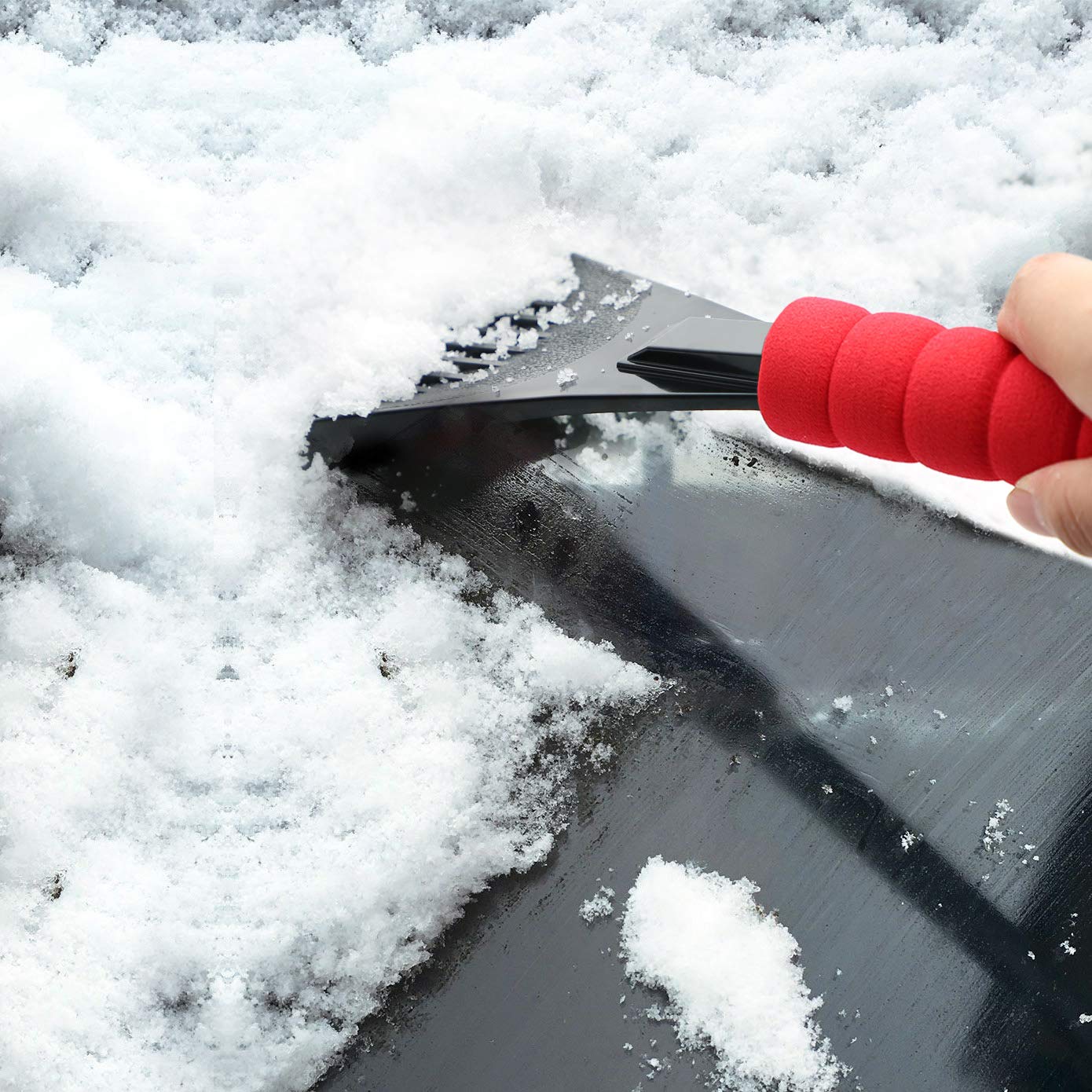 4 pcs Snow Ice Scraper for Car and Universal Car Seat Belt Pads Cover Snow Scraper Tool with Blade Indestructible Windscreen Snow Frost Scrape Tools (Black) (Red)