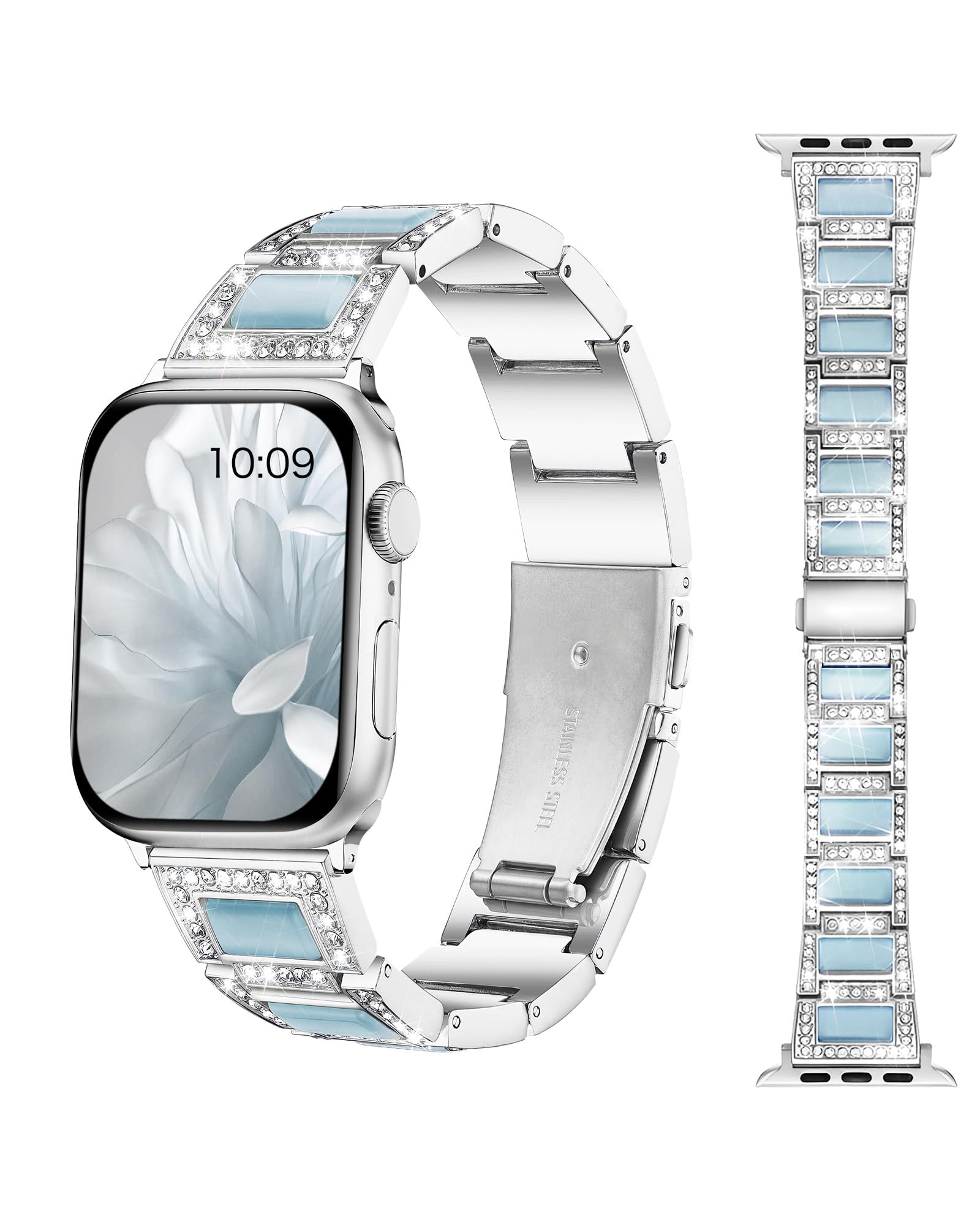 Photo 1 of Dressy Silver iWatch Bands for Women - Compatible with Apple Watch Series 10-1/SE/Ultra, Fits 38mm 40mm 41mm 42mm 44mm 46mm - Luxury Designer Bracelet, Bling Jewelry Strap