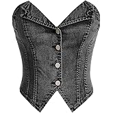 WDIRARA Women's Button Down Denim Tube Tops Y2k Asymmetrical Crop Top Sleeveless Strapless Bandeau