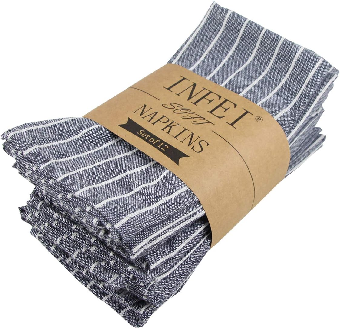 INFEI Soft White Striped Linen Cotton Dinner Cloth Napkins - Set of 12 (40 x 30 cm) - for Events & Home Use (Navy): Home & Kitchen