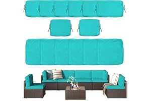 YQNUCO Patio Cushion Covers Replacement, Outdoor Cushion Covers for Patio Furniture Waterproof with Zipper, Washable Wicker Rattan Sectional Sofa Couch Chair Cover Set with Ties (Lake Blue, 14 PCS)