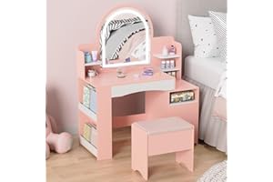 Qifeila Kids Vanity, Kids Vanity Table and Chair Set with Lights Mirror，Storage &Shelves, Wooden DressingTable, Pretend Play Vanity for Girls 5-7(Pink) (Pink)