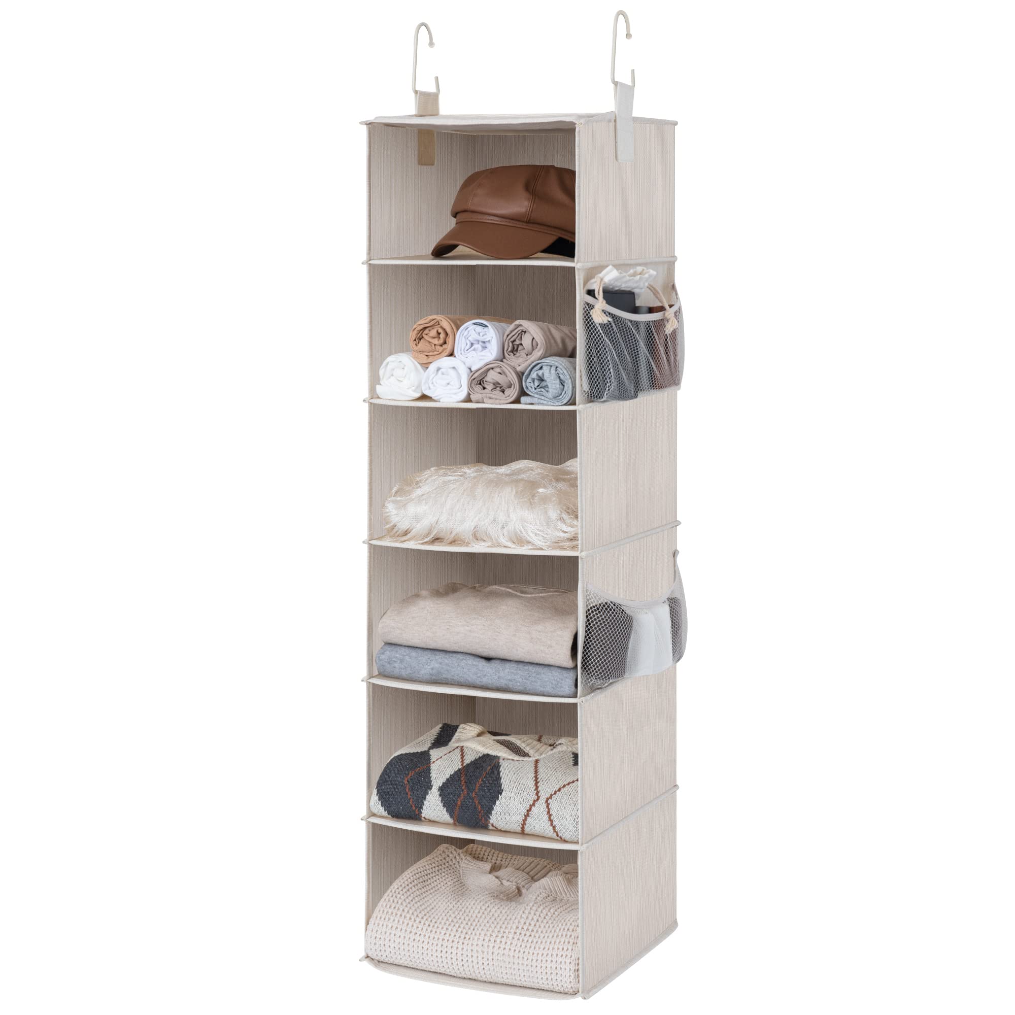 6-Shelf Hanging Closet Organizer Beige White Fabric Shelves